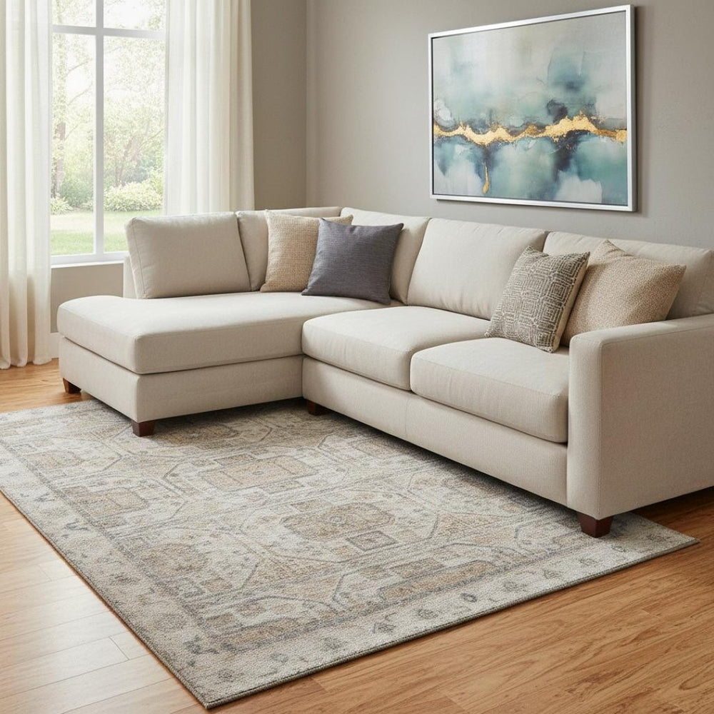 HomeRoots 9' X 12' Washable Beige Coffee Gray Geometric Area Rug with UV Protection for Modern Homes 708090