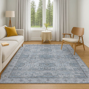 HomeRoots 5' X 8' Blue and Gray Geometric Area Rug - Washable, UV Protected, Durable, and Stylish for Any Space 708093