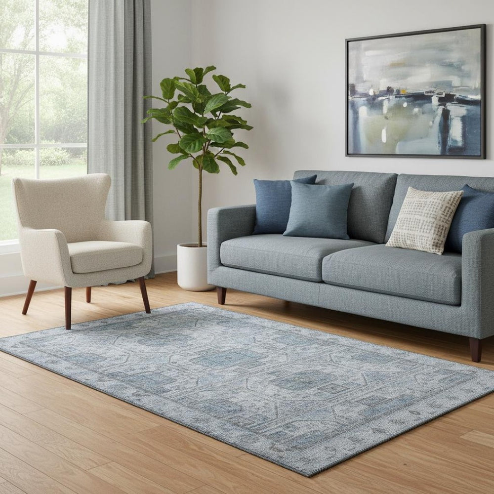 HomeRoots 8' Stylish Blue and Gray Geometric Washable Round Rug with UV Protection for High-Traffic Areas 708094
