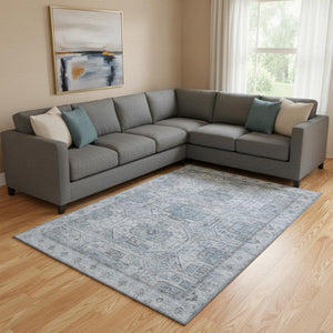 HomeRoots 9' X 12' Blue and Gray Geometric Washable Area Rug with UV Protection for Modern Homes & Spaces 708096