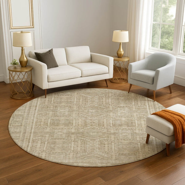 HomeRoots 8' X 10' Beige & Taupe Geometric Area Rug - Washable, UV Protected, Durable for High-Traffic Homes 708101