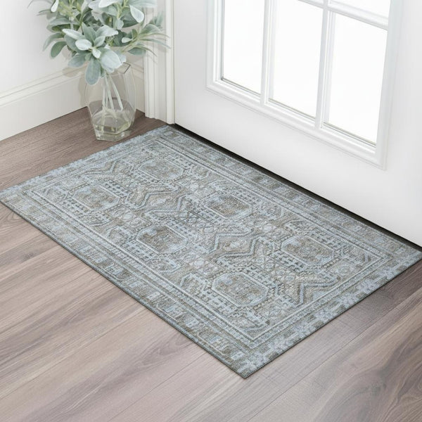 HomeRoots 5' X 8' Chocolate and Blue Geometric Area Rug - Washable, UV-Protected, Stylish, Non-Slip for Any Room 708105
