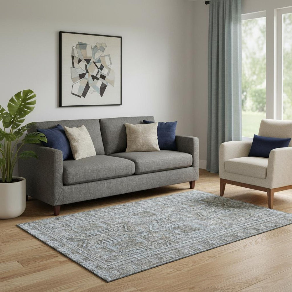 HomeRoots 8' Chocolate and Blue Geometric Round Washable Rug with UV Protection for Stylish Family Spaces 708106