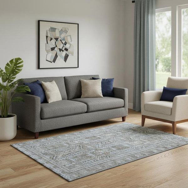 HomeRoots 8' Chocolate and Blue Geometric Round Washable Rug with UV Protection for Stylish Family Spaces 708106