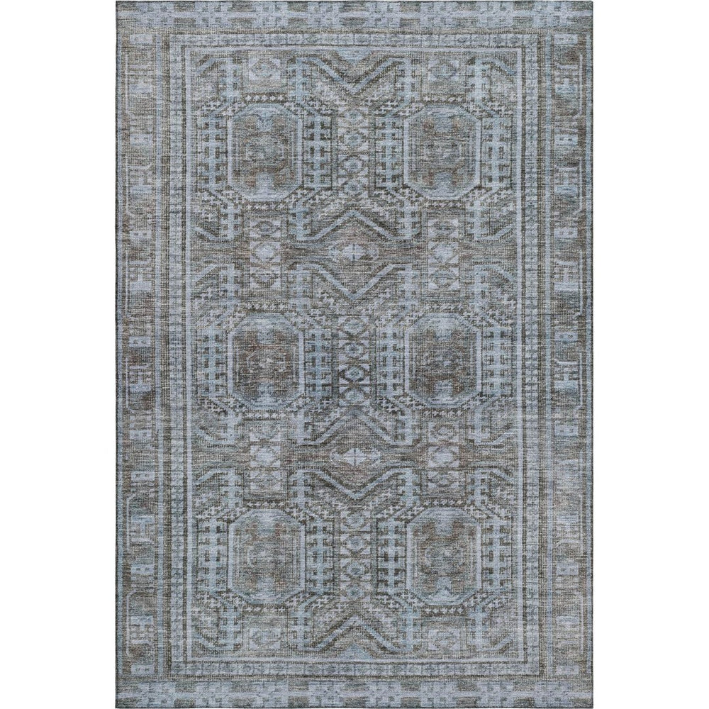 HomeRoots 8' Chocolate and Blue Geometric Round Washable Rug with UV Protection for Stylish Family Spaces 708106