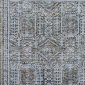 HomeRoots 8' Chocolate and Blue Geometric Round Washable Rug with UV Protection for Stylish Family Spaces 708106