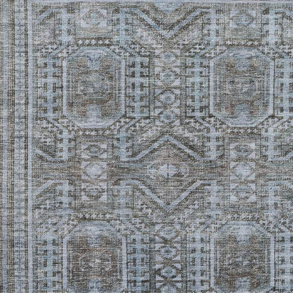 HomeRoots 8' Chocolate and Blue Geometric Round Washable Rug with UV Protection for Stylish Family Spaces 708106