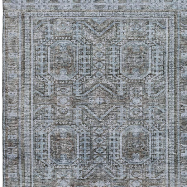 HomeRoots 8' Chocolate and Blue Geometric Round Washable Rug with UV Protection for Stylish Family Spaces 708106