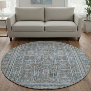 HomeRoots 8' X 10' Chocolate & Blue Geometric Area Rug - Washable, UV-Protected, Stain-Resistant Design! 708107