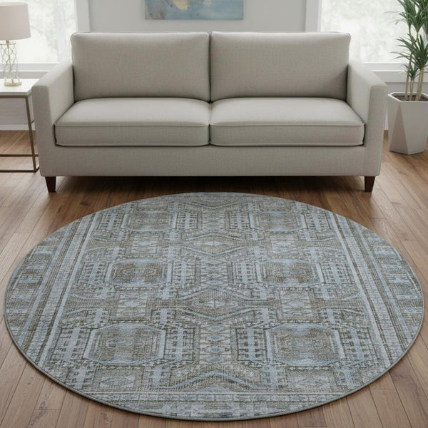 HomeRoots 8' X 10' Chocolate & Blue Geometric Area Rug - Washable, UV-Protected, Stain-Resistant Design! 708107