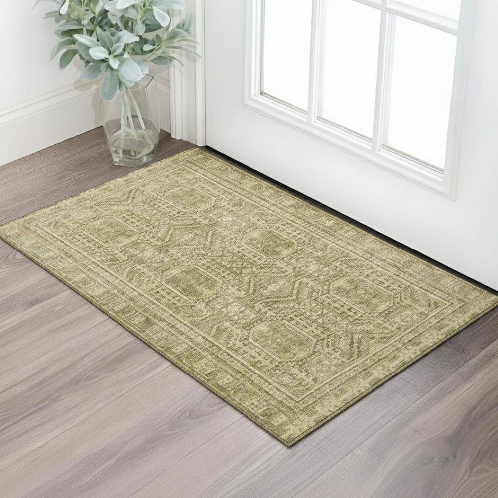 HomeRoots 5' X 8' Washable Khaki & Taupe Geometric Area Rug with UV Protection for High-Traffic Spaces 708111