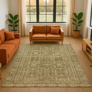 HomeRoots 10' X 14' Khaki & Taupe Geometric Area Rug - Washable, Stain Resistant, UV Protected for Busy Homes 708115