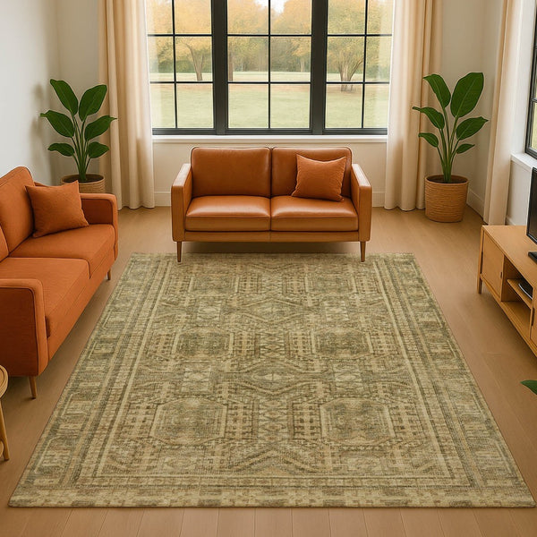 HomeRoots 10' X 14' Khaki & Taupe Geometric Area Rug - Washable, Stain Resistant, UV Protected for Busy Homes 708115