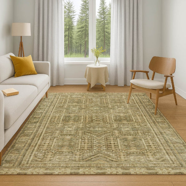 HomeRoots 10' X 14' Khaki & Taupe Geometric Area Rug - Washable, Stain Resistant, UV Protected for Busy Homes 708115