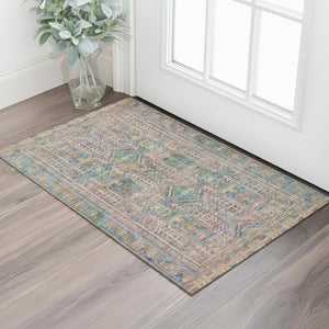 HomeRoots 5' X 8' Orange & Teal Geometric Washable Area Rug - Stain Resistant, UV Protected, Durable Design 708117