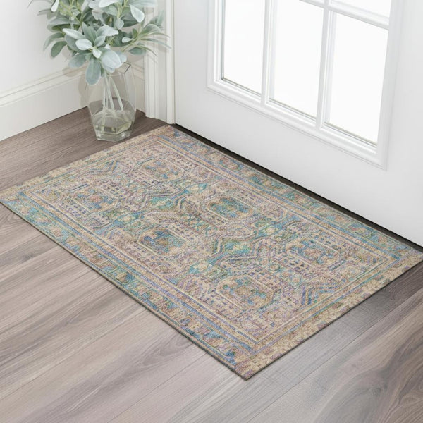 HomeRoots 5' X 8' Orange & Teal Geometric Washable Area Rug - Stain Resistant, UV Protected, Durable Design 708117