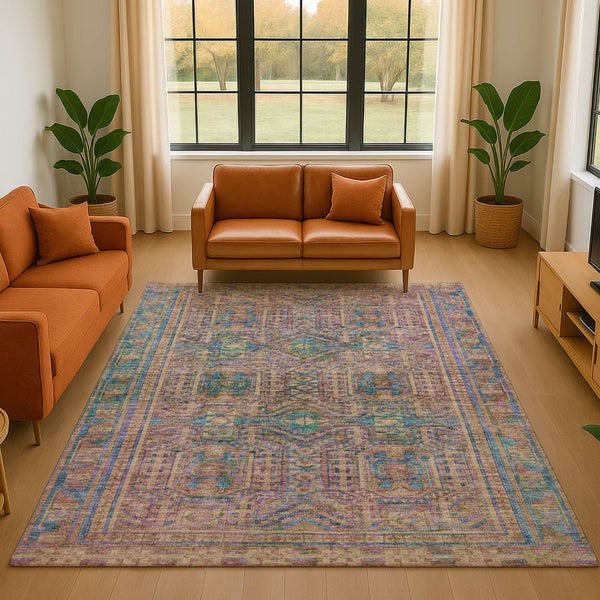 HomeRoots 5' X 8' Orange & Teal Geometric Washable Area Rug - Stain Resistant, UV Protected, Durable Design 708117
