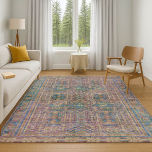 HomeRoots 5' X 8' Orange & Teal Geometric Washable Area Rug - Stain Resistant, UV Protected, Durable Design 708117