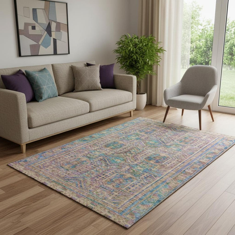 HomeRoots 8' Vibrant Orange and Teal Geometric Washable Round Rug with UV Protection for Modern Spaces 708118