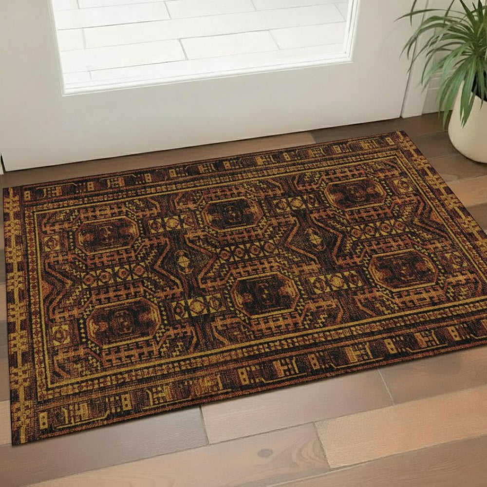 HomeRoots 5' X 8' Stylish Rust and Black Geometric Washable Area Rug with UV Protection for Busy Homes 708123