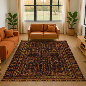 HomeRoots 5' X 8' Stylish Rust and Black Geometric Washable Area Rug with UV Protection for Busy Homes 708123