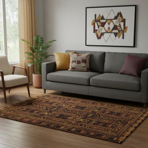 HomeRoots 8' Geometric Round Rug in Rust and Black - Washable, UV-Protected, Non-Slip for High-Traffic Areas 708124