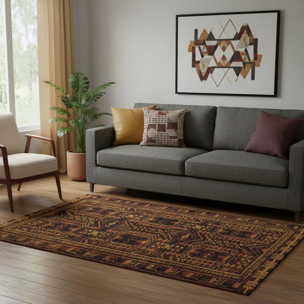 HomeRoots 8' Geometric Round Rug in Rust and Black - Washable, UV-Protected, Non-Slip for High-Traffic Areas 708124