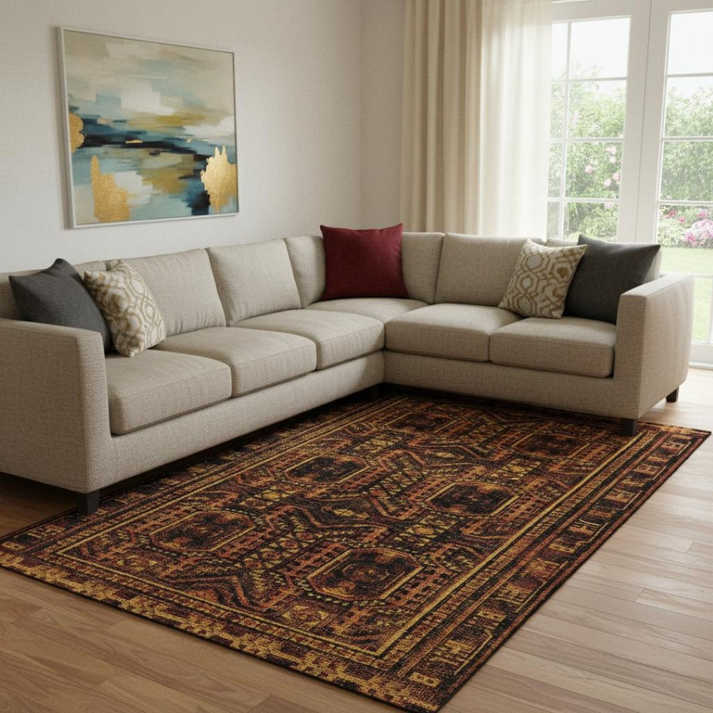 HomeRoots 9' X 12' Stylish Rust and Black Geometric Washable Area Rug with UV Protection for Modern Spaces 708126