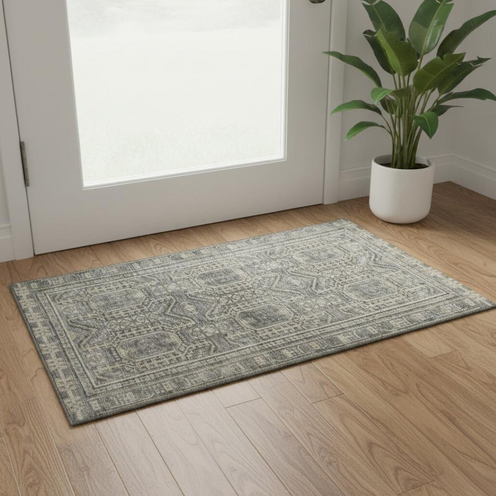 HomeRoots 5' X 8' Stylish Pewter & Gray Geometric Area Rug - Washable, UV-Protected, Ideal for Families & Pets 708129