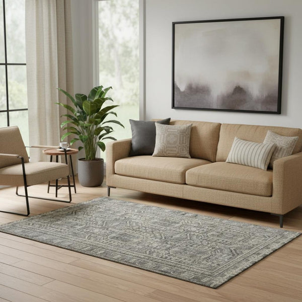 HomeRoots 8' Modern Pewter and Gray Geometric Washable Round Rug with UV Protection for High-Traffic Homes 708130