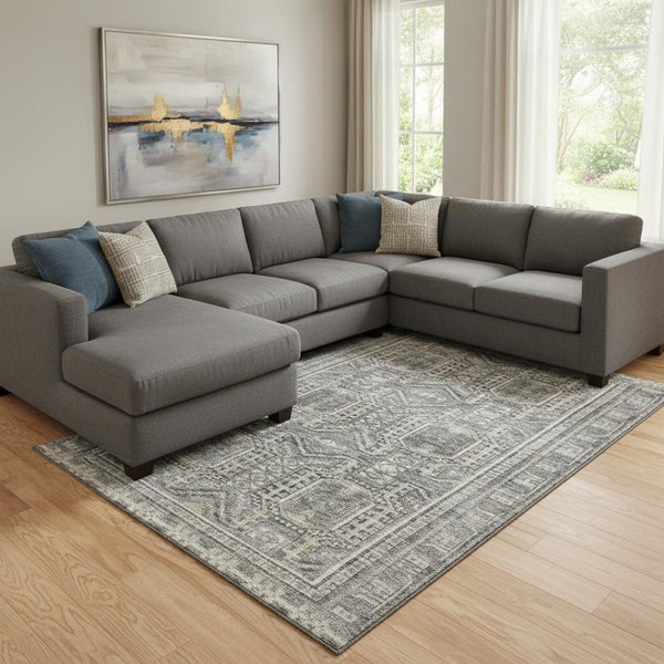 HomeRoots 9' X 12' Modern Pewter & Gray Geometric Washable Area Rug with UV Protection for High-Traffic Areas 708132