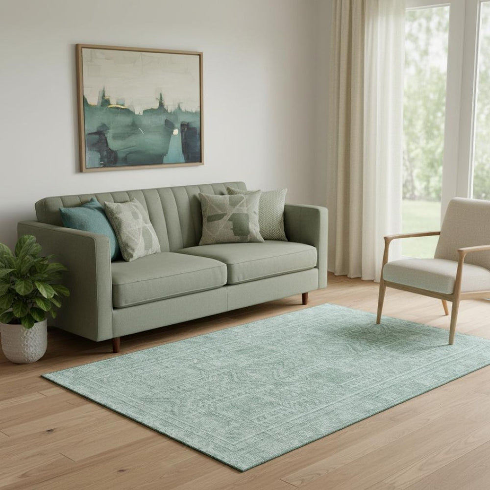 HomeRoots 8' Teal And Aqua Geometric Washable Round Rug - Stylish, Durable, UV-Protected for Modern Homes 708148