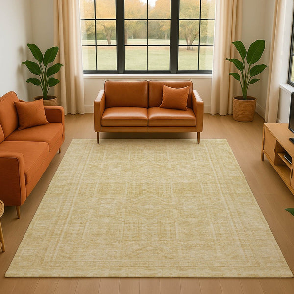HomeRoots 9' x 12' Wheat and Beige Geometric Area Rug - Washable, UV-Protected, Stain-Resistant for High-Traffic Spaces 708156