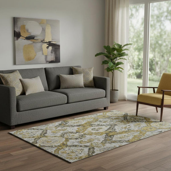 HomeRoots 8' Washable Brown and Gray Ikat Round Rug with UV Protection – Durable, Stylish, and Easy to Clean! 708160