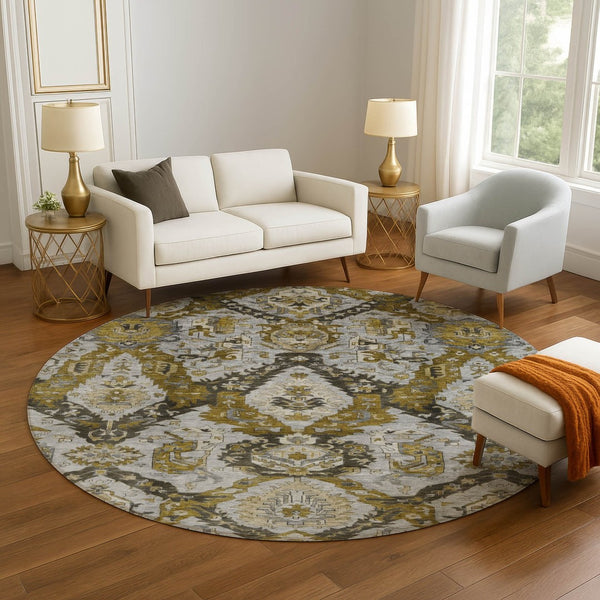 HomeRoots 8' X 10' Ikat Washable Area Rug in Brown & Gray - Stain-Resistant, UV Protected, Non-Slip Backing 708161