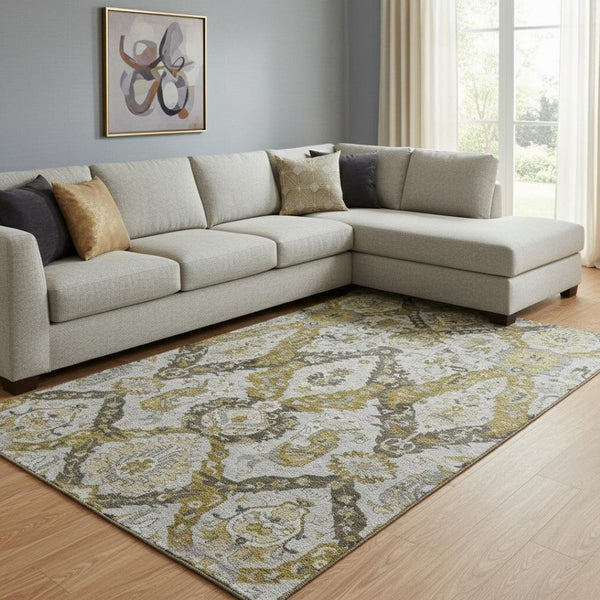 HomeRoots 9' X 12' Brown And Gray Ikat Area Rug - Stylish, Washable, UV-Resistant, Perfect for Pets & Kids! 708162