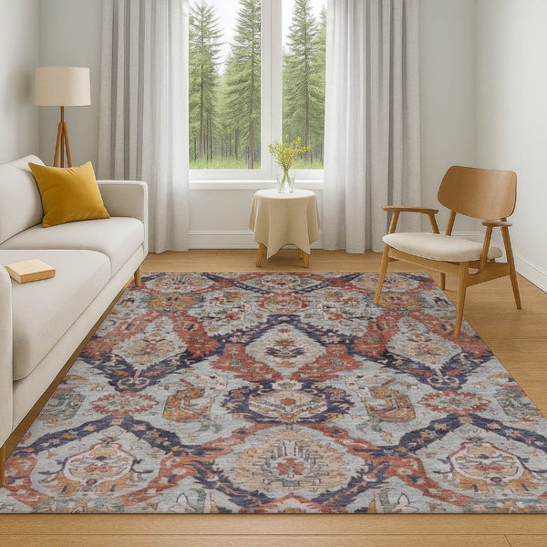 HomeRoots 5' X 8' Blue Copper Ikat Area Rug – Stylish, Washable, UV Protected, Durable for High-Traffic Areas 708165