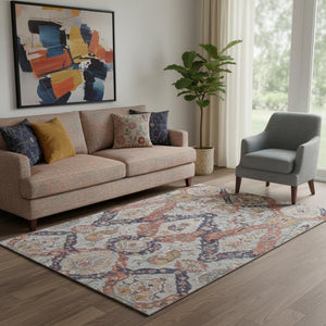 HomeRoots 8' Blue Copper and Beige Ikat Round Rug – Washable, UV Protected, Stylish & Durable for Any Space! 708166