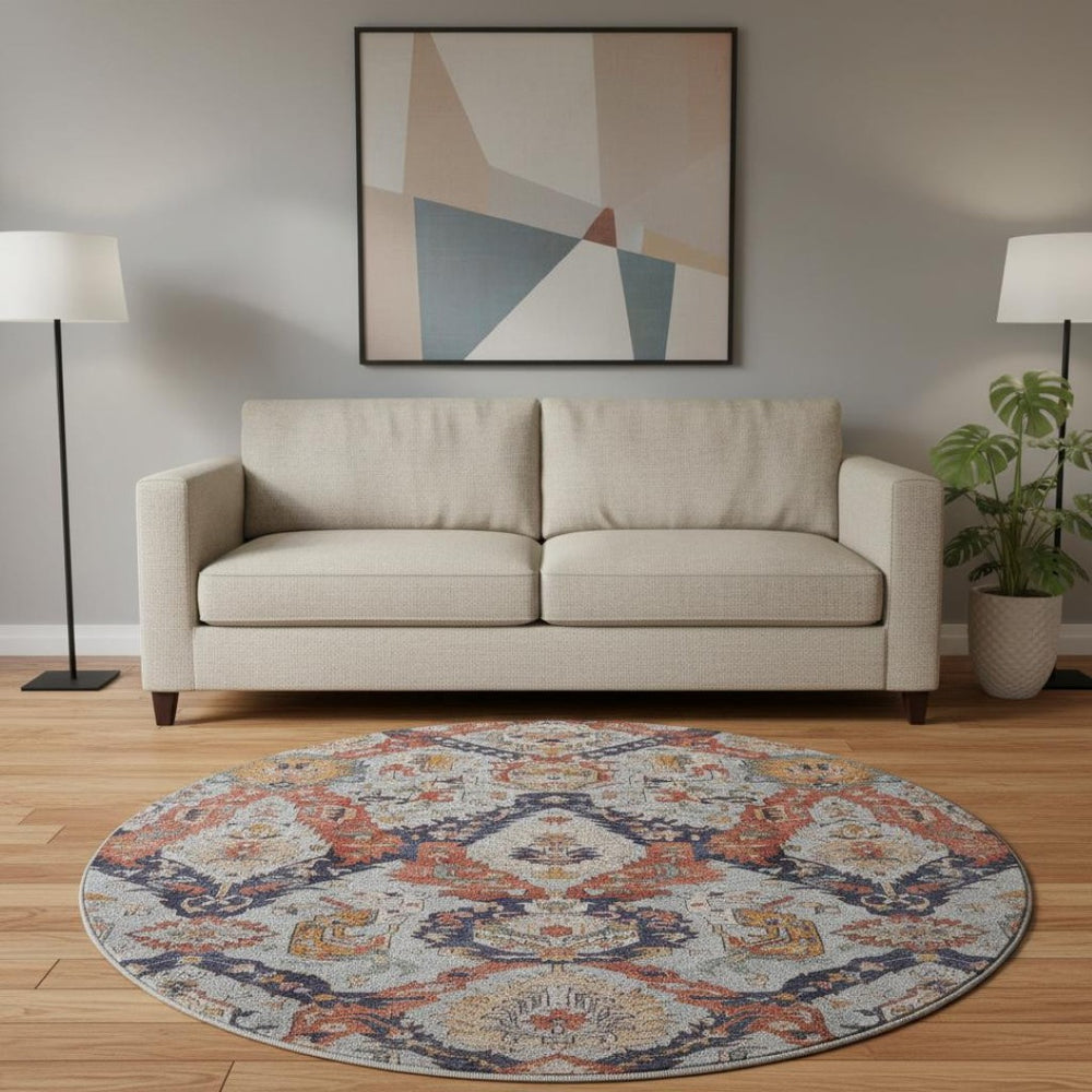 HomeRoots 8' X 10' Washable Ikat Area Rug in Blue Copper & Beige - UV Protected, Pet-Friendly, Durable Design 708167