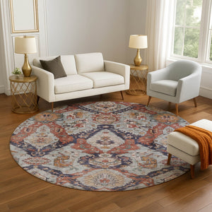 HomeRoots 8' X 10' Washable Ikat Area Rug in Blue Copper & Beige - UV Protected, Pet-Friendly, Durable Design 708167