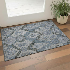 HomeRoots 5' X 8' Gray and Blue Ikat Area Rug - Washable, UV-Protected, Stain-Resistant for Busy Homes 708171