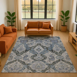 HomeRoots 5' X 8' Gray and Blue Ikat Area Rug - Washable, UV-Protected, Stain-Resistant for Busy Homes 708171