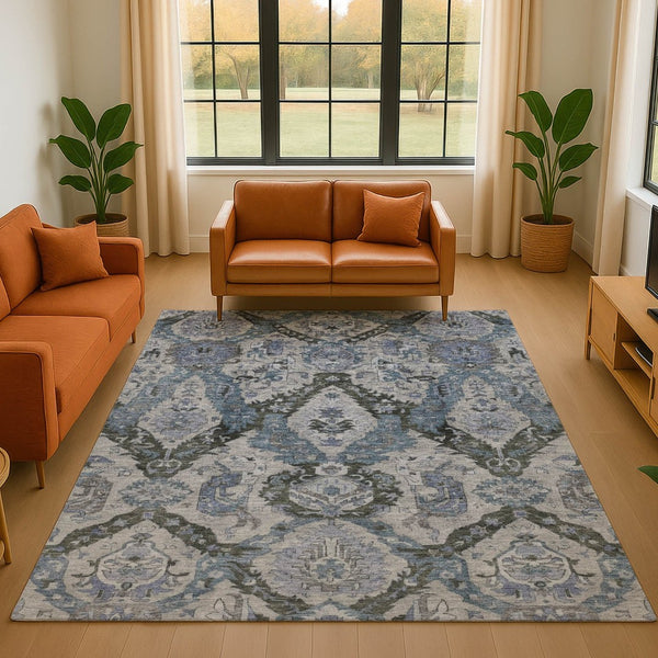 HomeRoots 5' X 8' Gray and Blue Ikat Area Rug - Washable, UV-Protected, Stain-Resistant for Busy Homes 708171