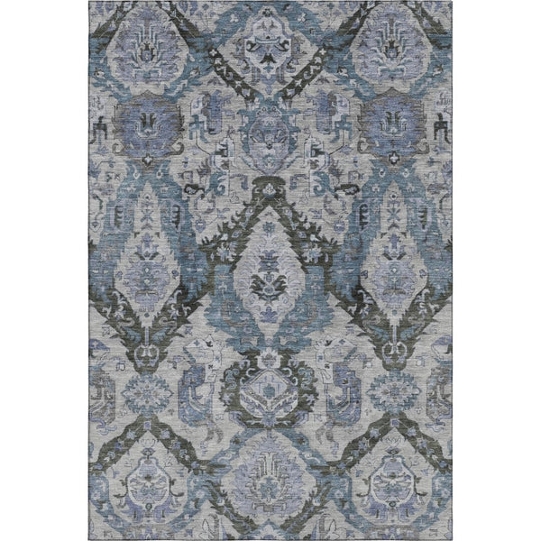 HomeRoots 5' X 8' Gray and Blue Ikat Area Rug - Washable, UV-Protected, Stain-Resistant for Busy Homes 708171