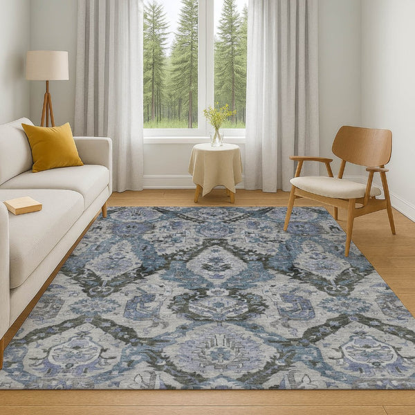 HomeRoots 5' X 8' Gray and Blue Ikat Area Rug - Washable, UV-Protected, Stain-Resistant for Busy Homes 708171