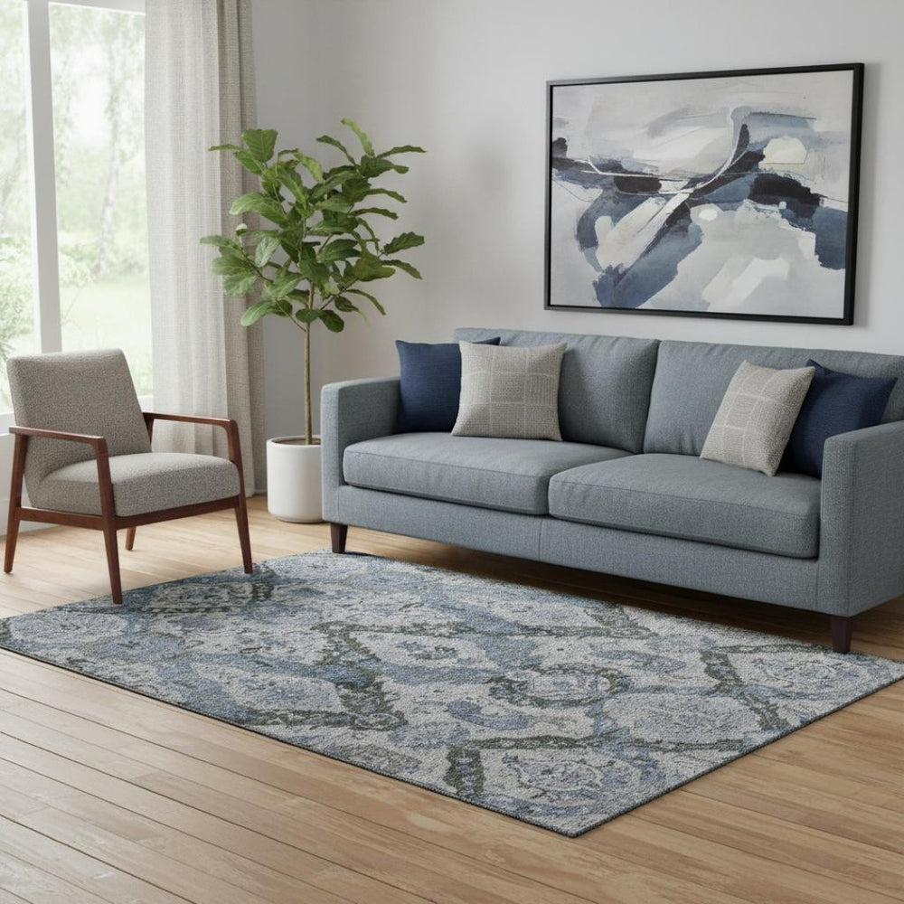 HomeRoots 8' Stylish Gray and Blue Ikat Washable Round Rug with UV Protection - Durable, Stain-Resistant Design! 708172