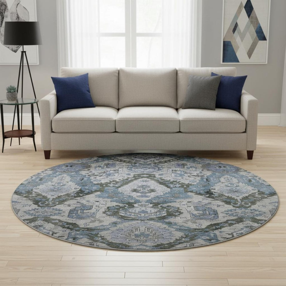 HomeRoots 8' X 10' Gray and Blue Ikat Area Rug - Washable, UV Protected, Durable for High-Traffic Homes 708173