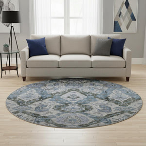 HomeRoots 8' X 10' Gray and Blue Ikat Area Rug - Washable, UV Protected, Durable for High-Traffic Homes 708173