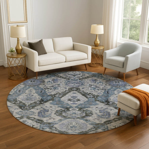 HomeRoots 8' X 10' Gray and Blue Ikat Area Rug - Washable, UV Protected, Durable for High-Traffic Homes 708173