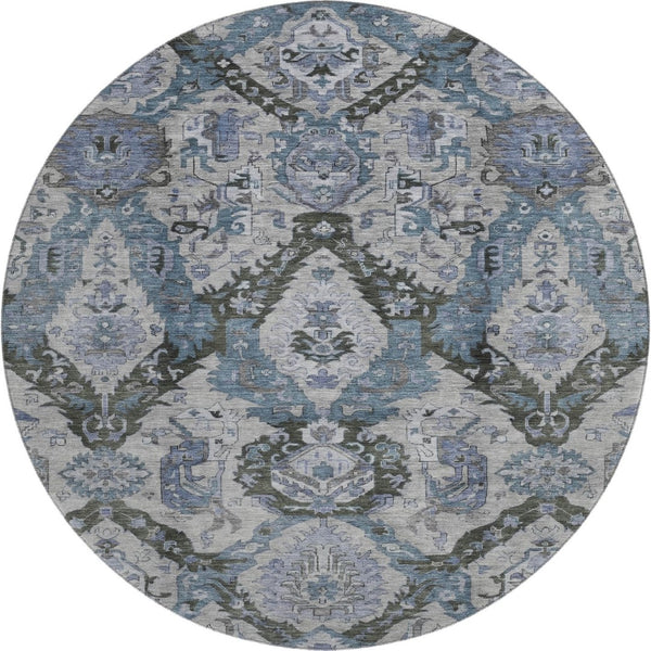 HomeRoots 8' X 10' Gray and Blue Ikat Area Rug - Washable, UV Protected, Durable for High-Traffic Homes 708173